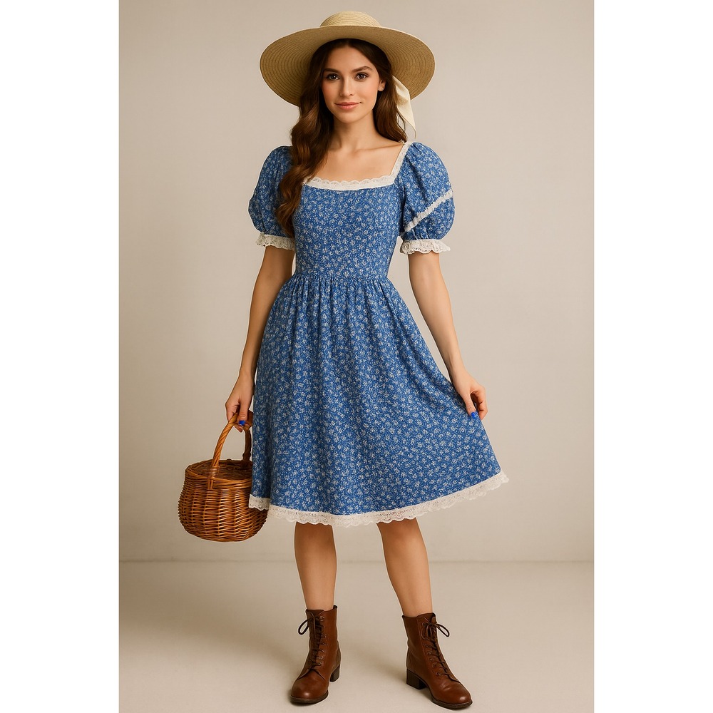 Vintage Seneca Dress‎ Womens M Blue Floral Prairie Cottagecore Milkmaid Romantic